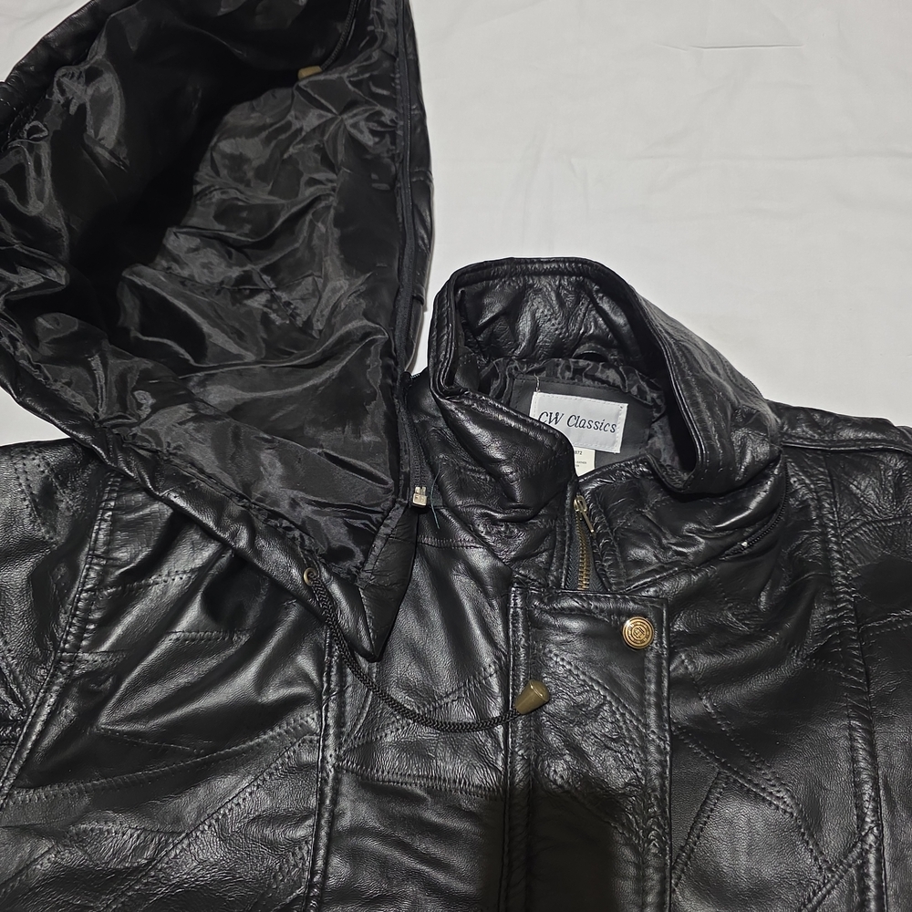 Black Leather Patchwork Jacket Plus Size With Hoo… - image 3